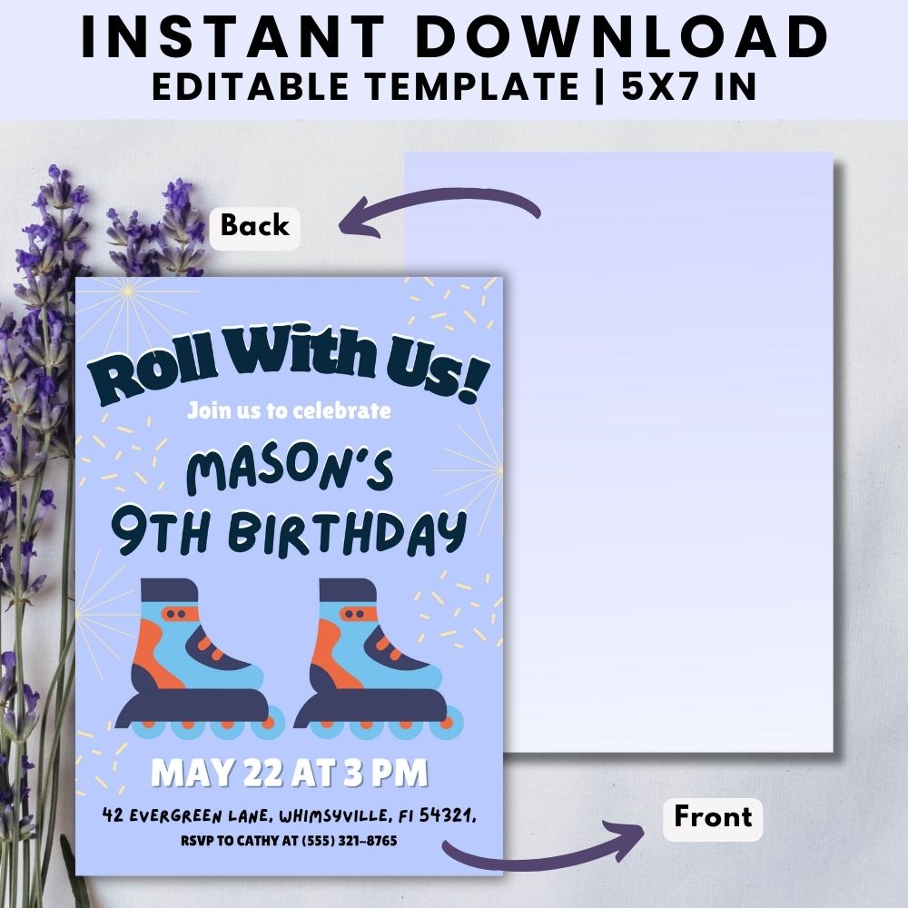 PLR Blue Roller Skating Birthday Invitation