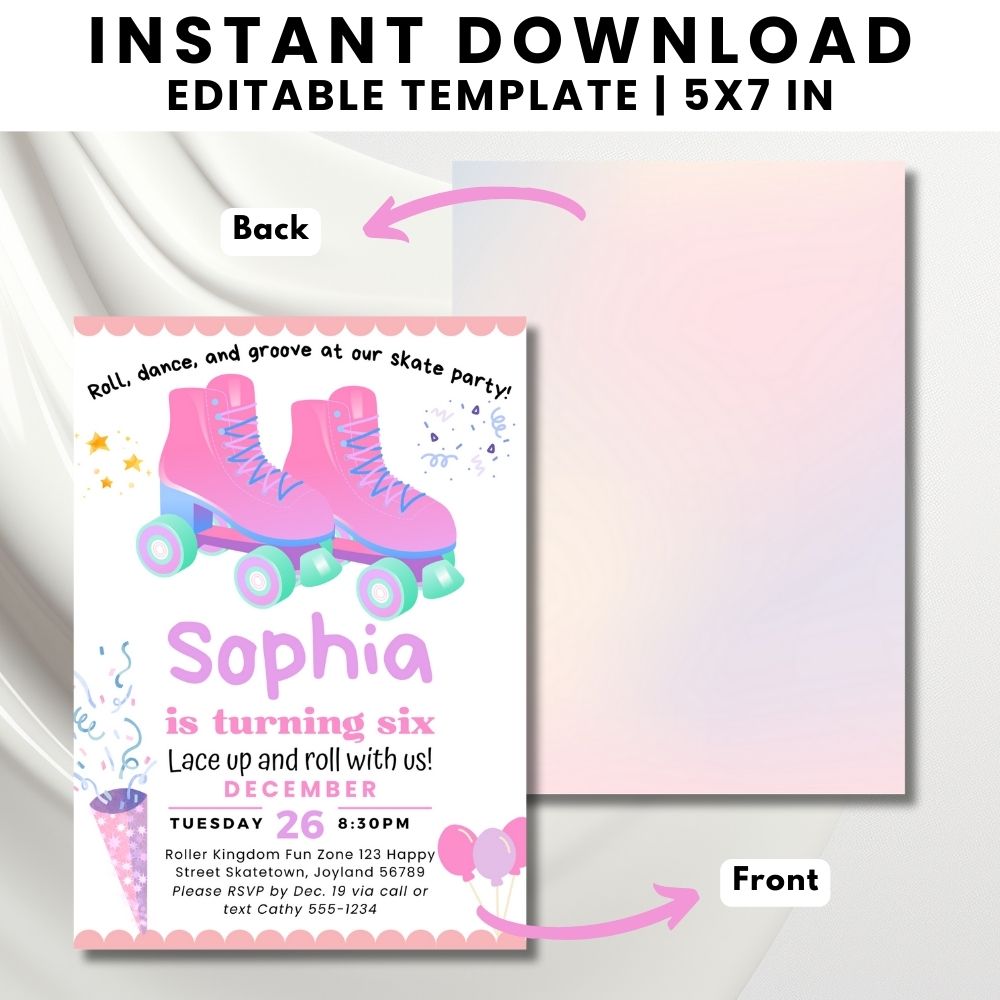 PLR Pink Roller Skating Birthday Invitation