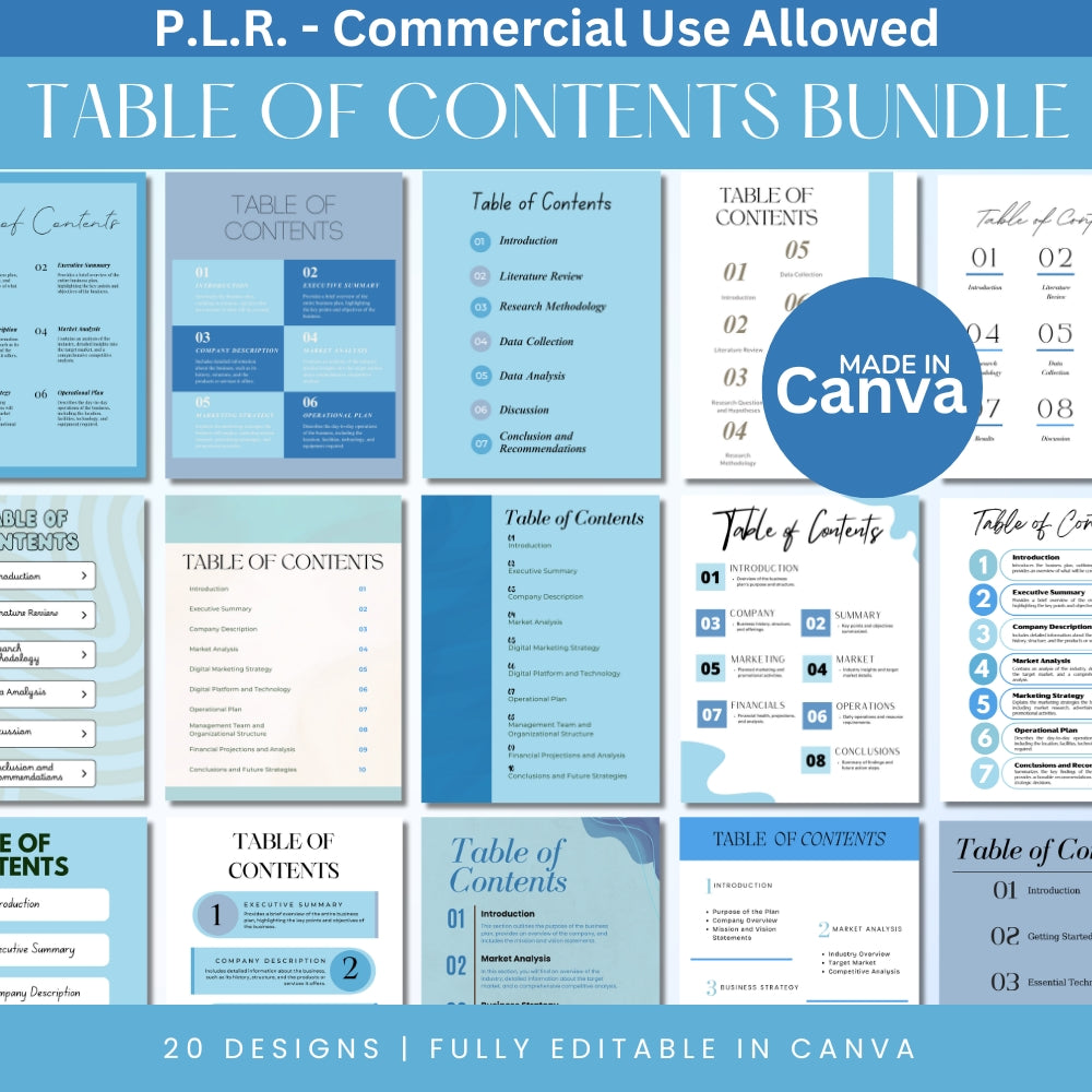 PLR Blue Table of Content Pages Canva Templates