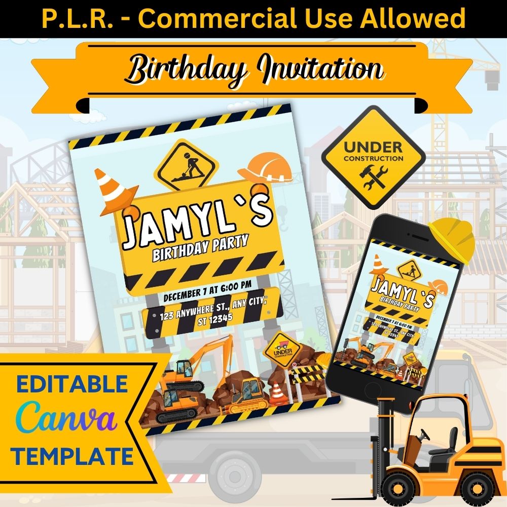 PLR Construction Birthday Invitation
