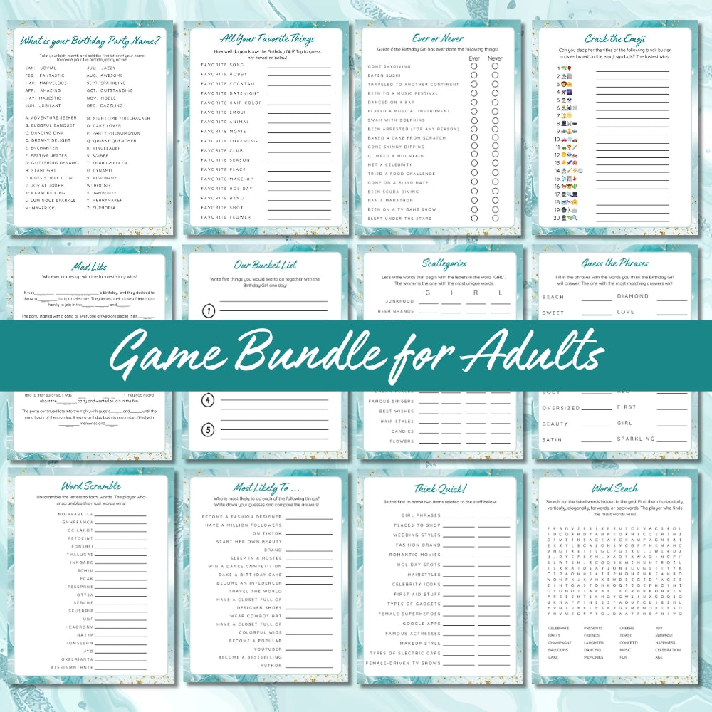 PLR Printable Birthday Party Game Bundle for Adults