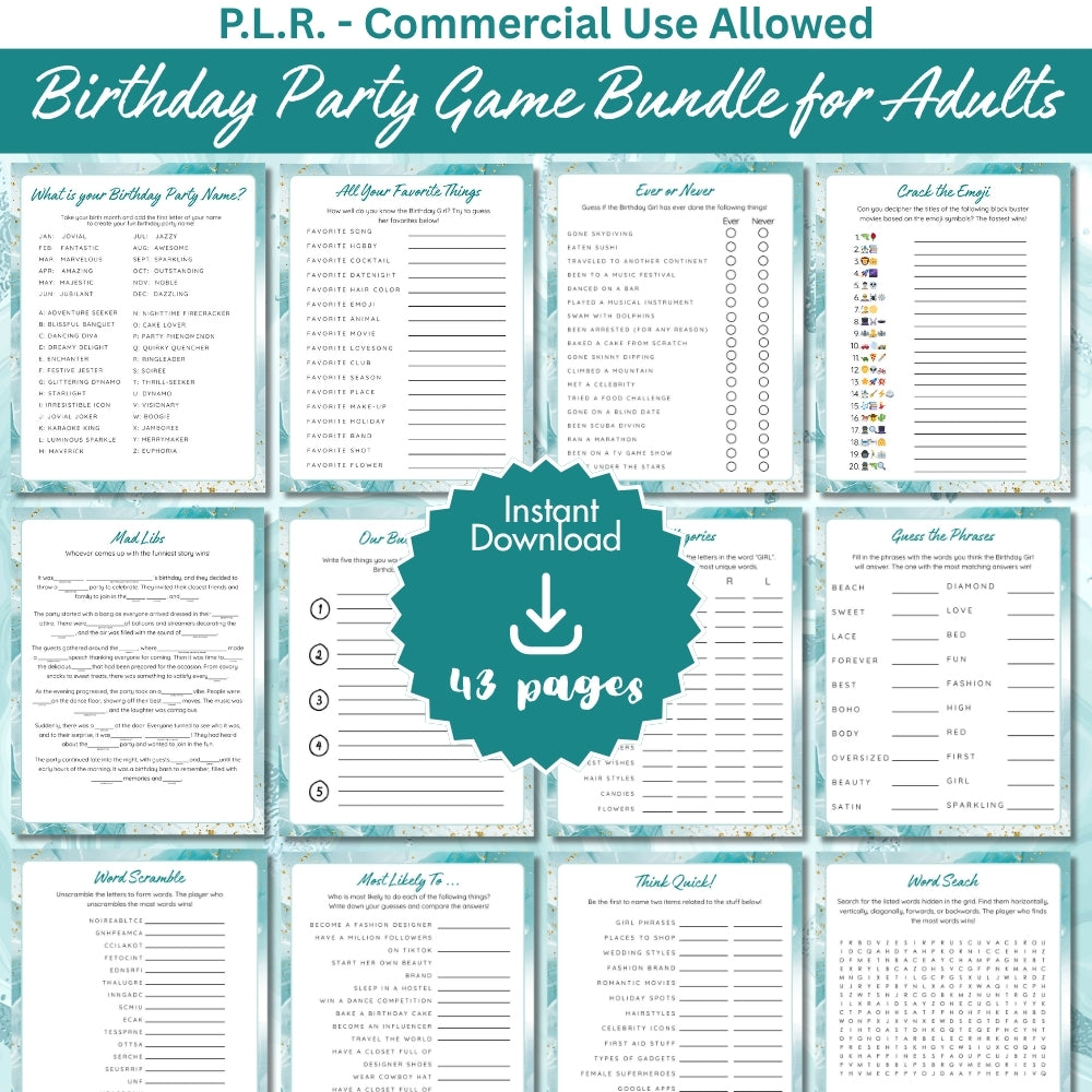 PLR Printable Birthday Party Game Bundle for Adults