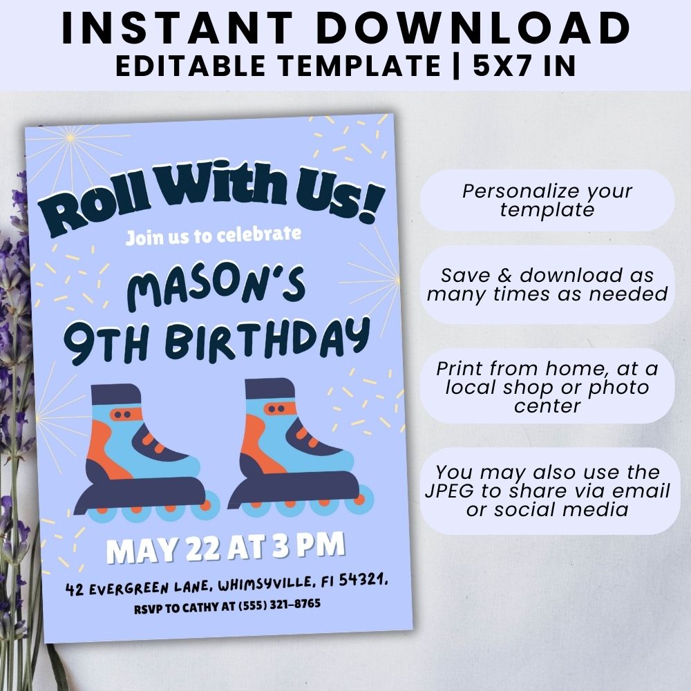 PLR Blue Roller Skating Birthday Invitation
