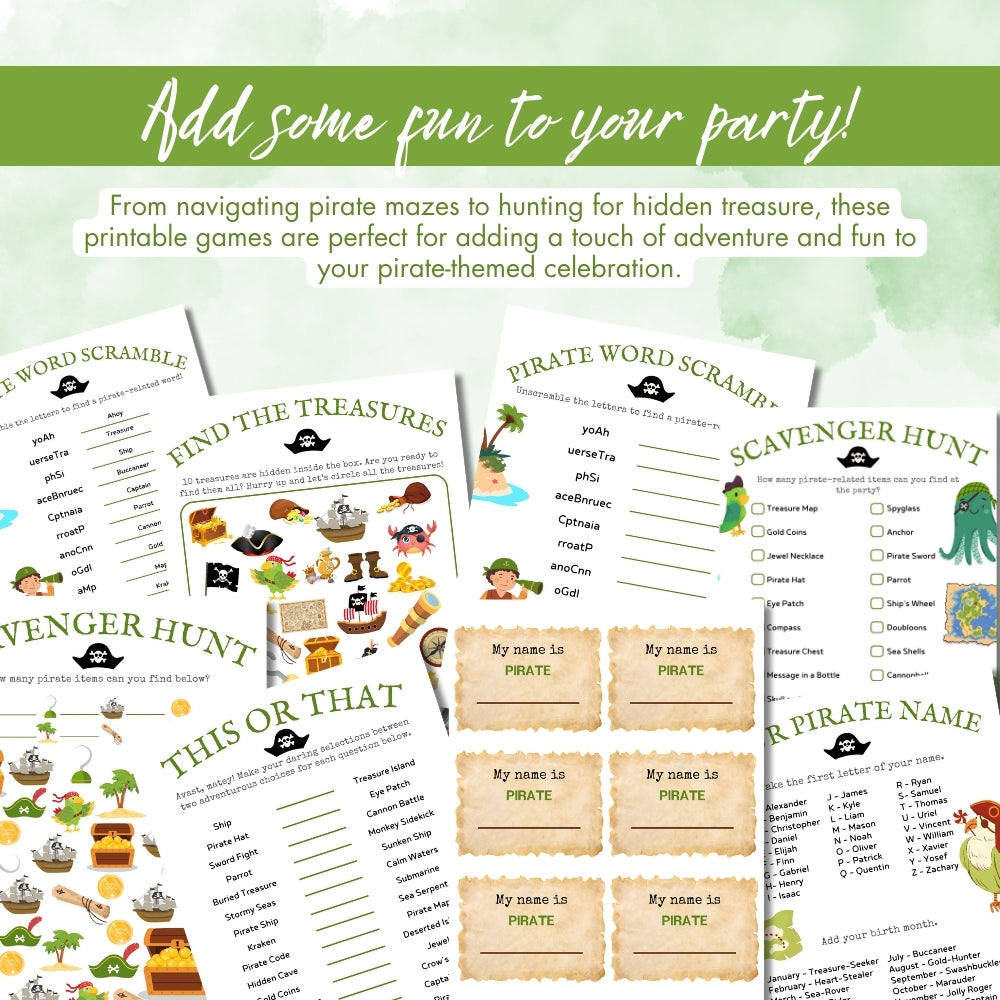 PLR Green Pirate Birthday Party Game Bundle