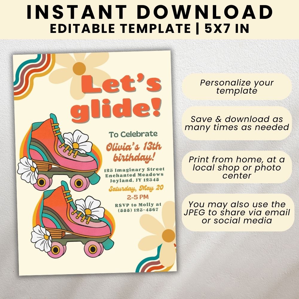 PLR Girl Roller Skating Birthday Invitation