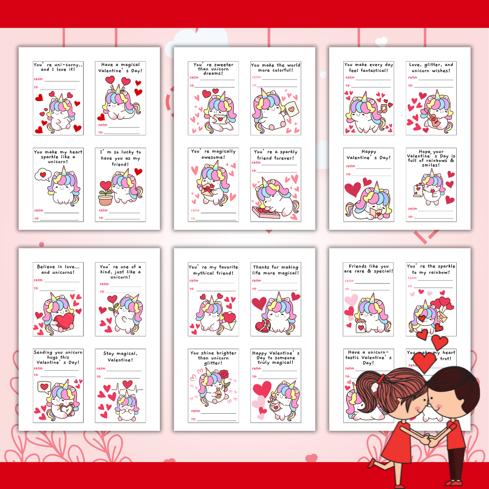 PLR Printable Unicorn Valentine Card Set
