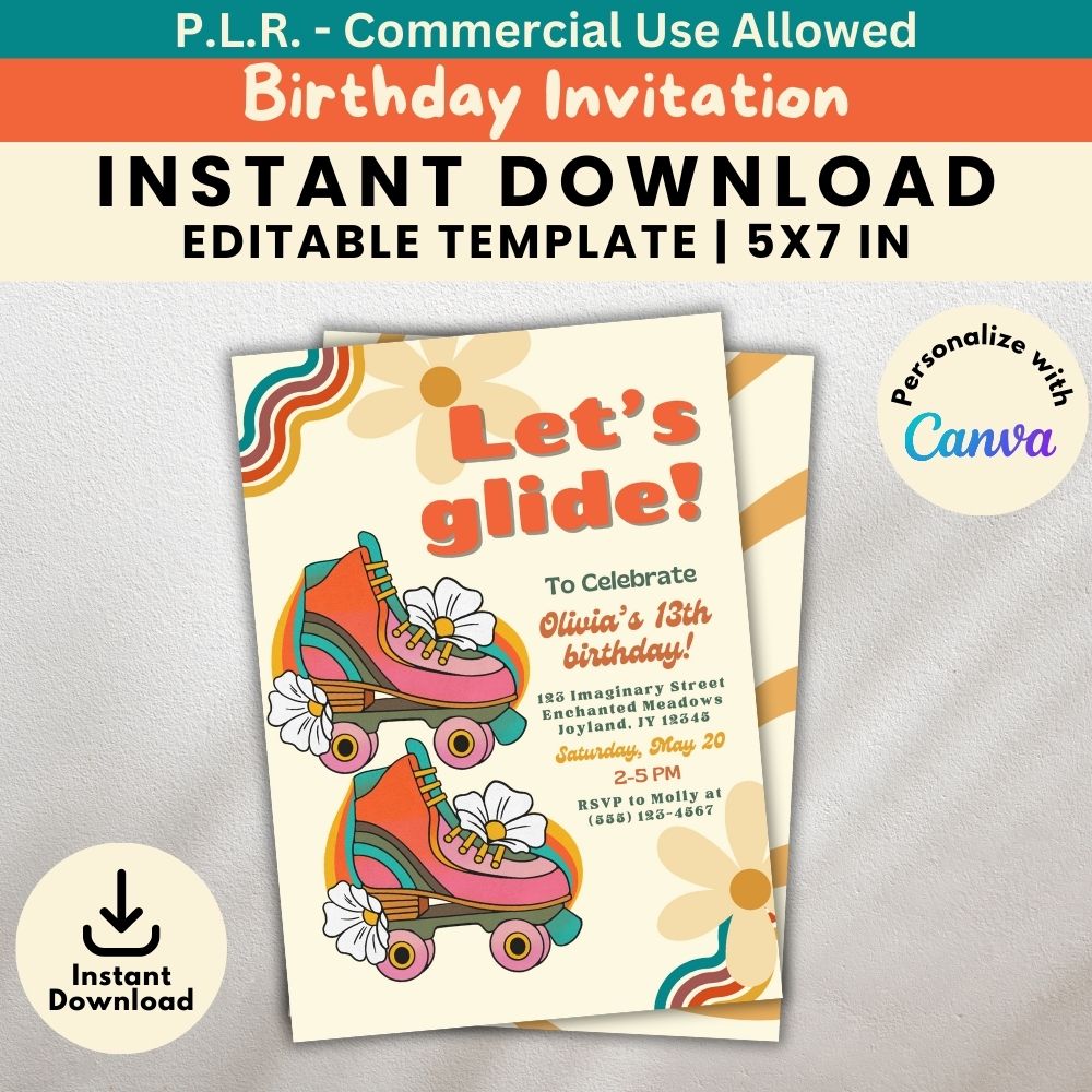 PLR Girl Roller Skating Birthday Invitation