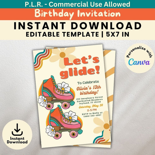 PLR Girl Roller Skating Birthday Invitation