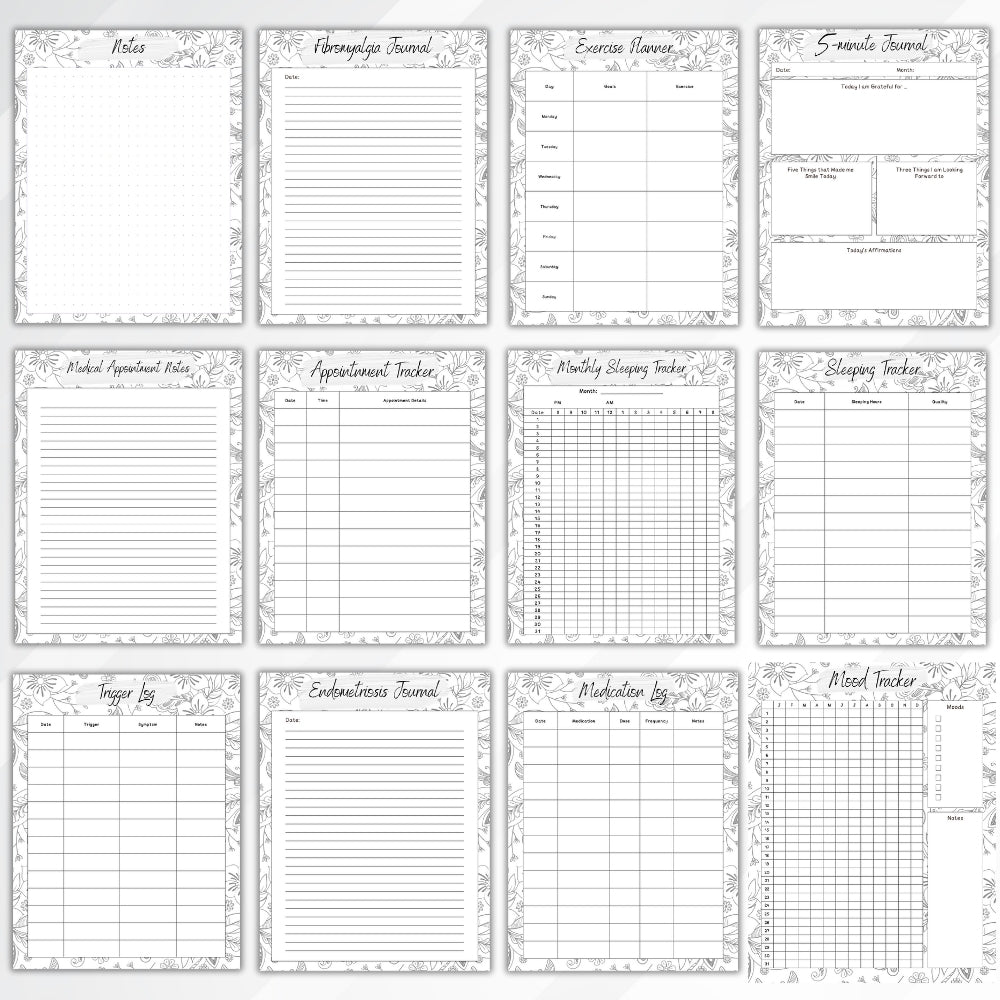 PLR Black and White Pain Management Tracker Journal