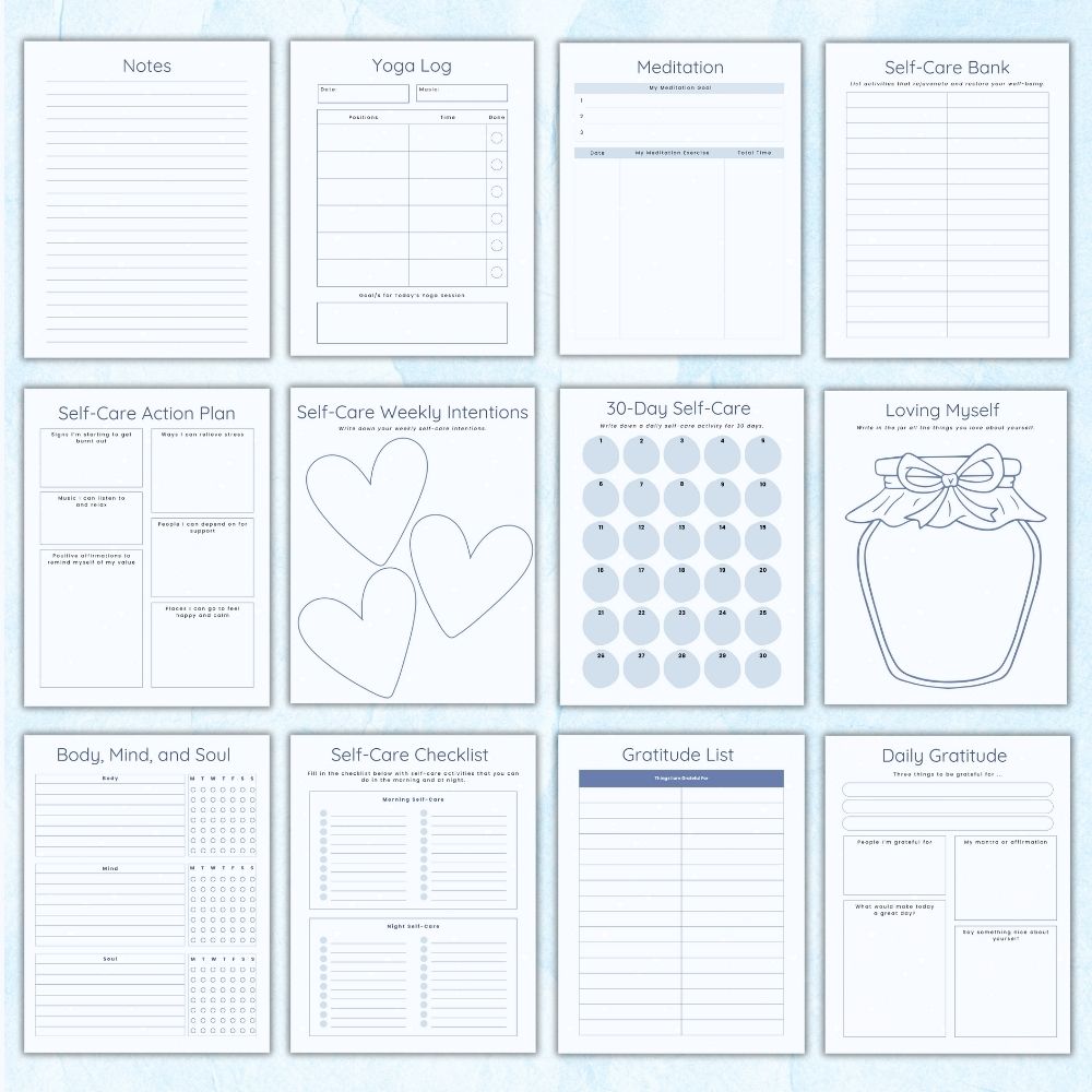 PLR Blue Self-Care Worksheet Set