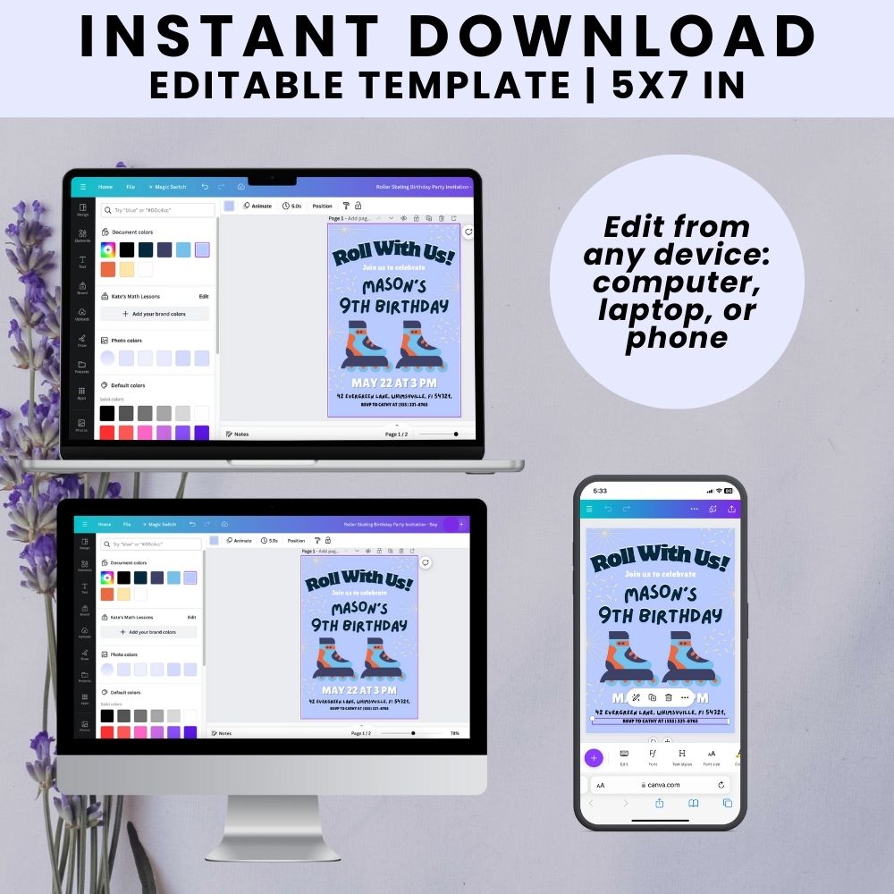 PLR Blue Roller Skating Birthday Invitation