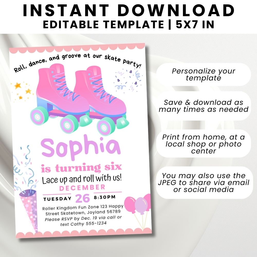 PLR Pink Roller Skating Birthday Invitation