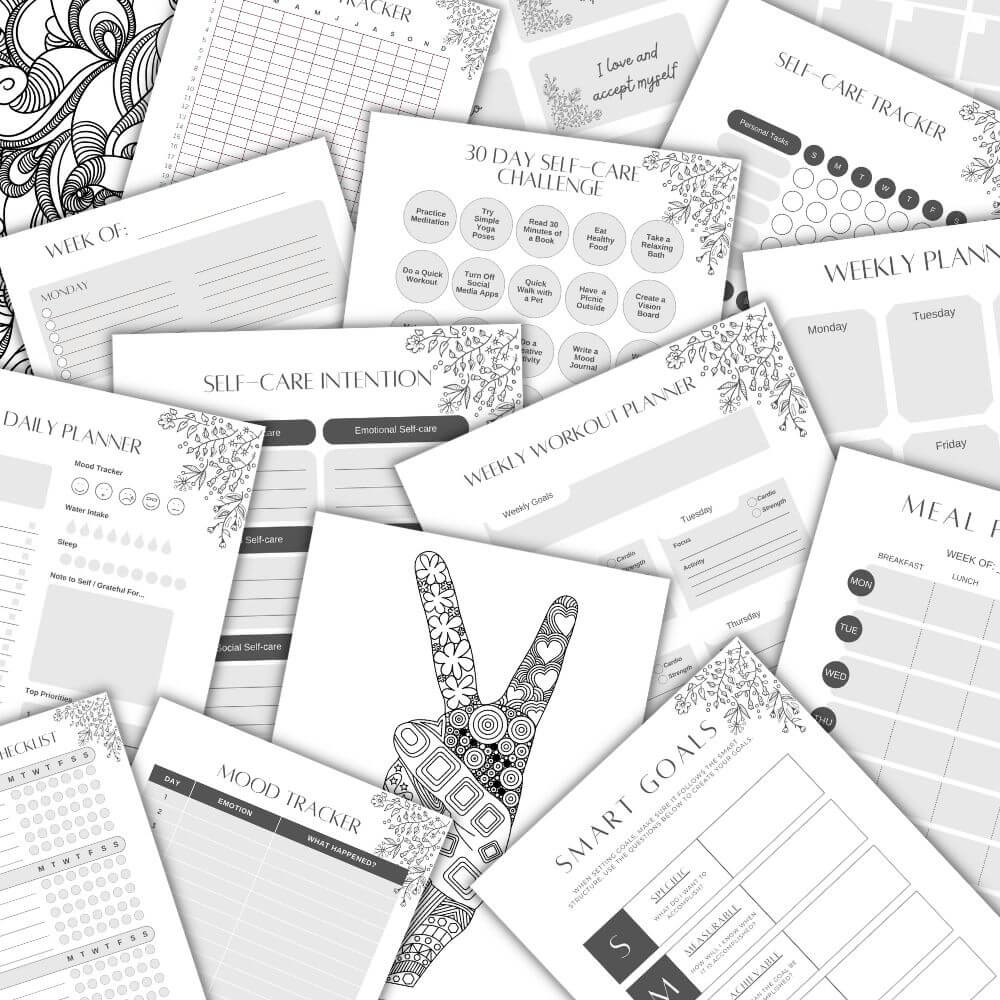 PLR Black & White Self Care Workbook + Matching Planner