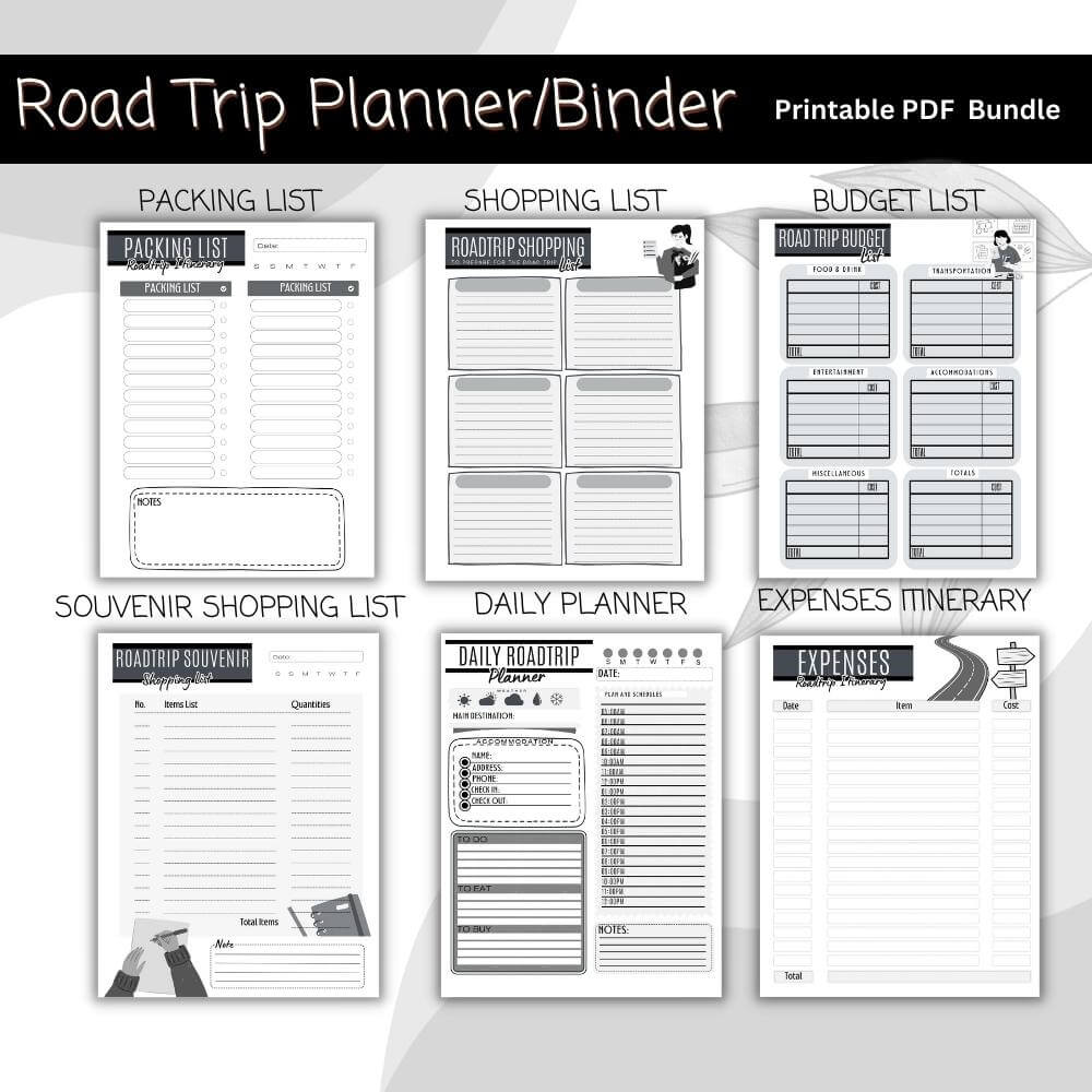 PLR Road Trip Planner in Black and White
