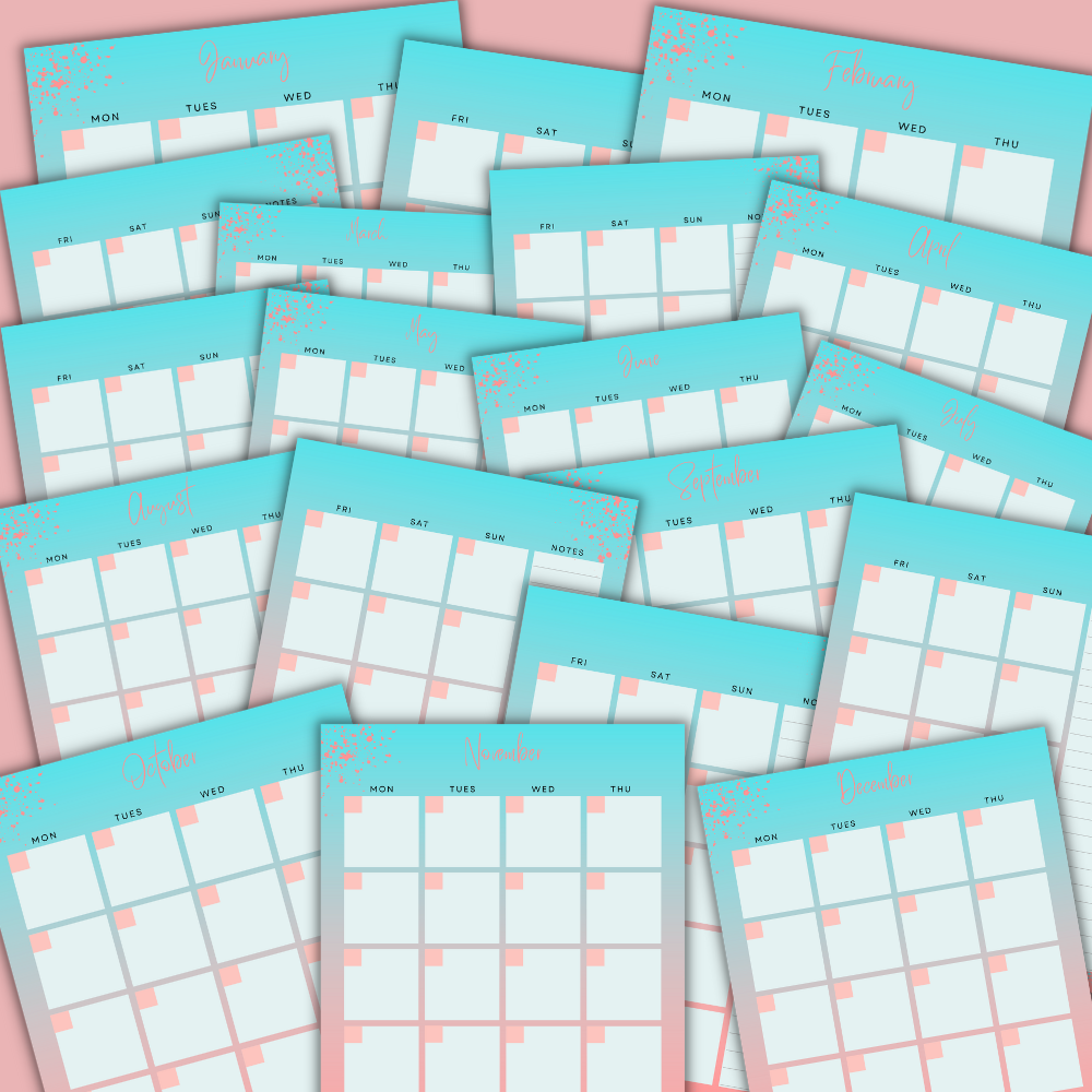 PLR Calendar - 2 Page Undated (Aqua/Pink)