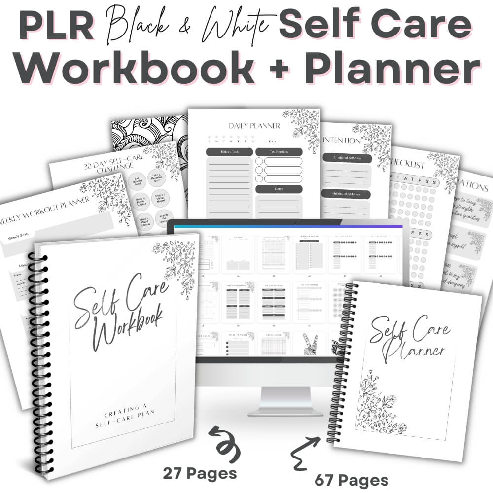PLR Black & White Self Care Workbook + Matching Planner