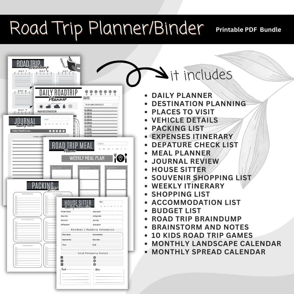 PLR Road Trip Planner in Black and White