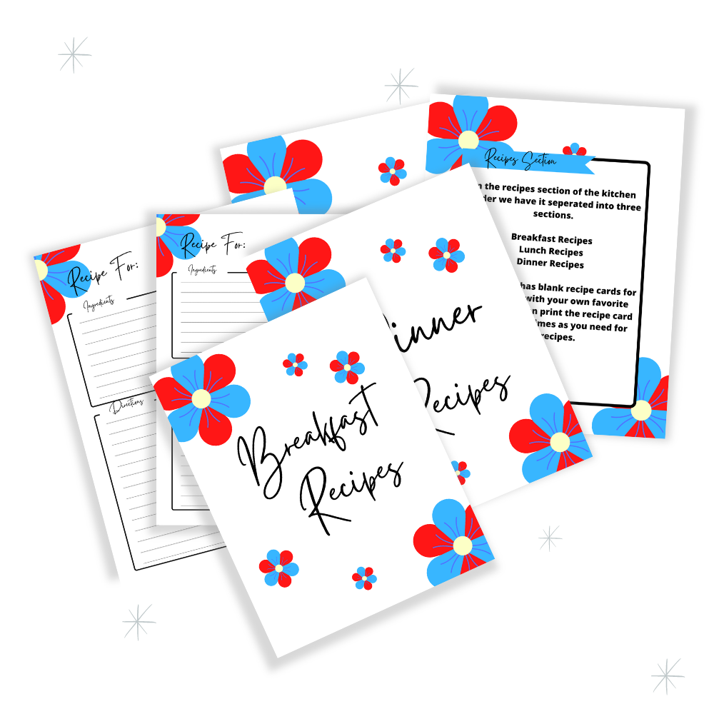 PLR Red & Blue Flower Kitchen Binder Set