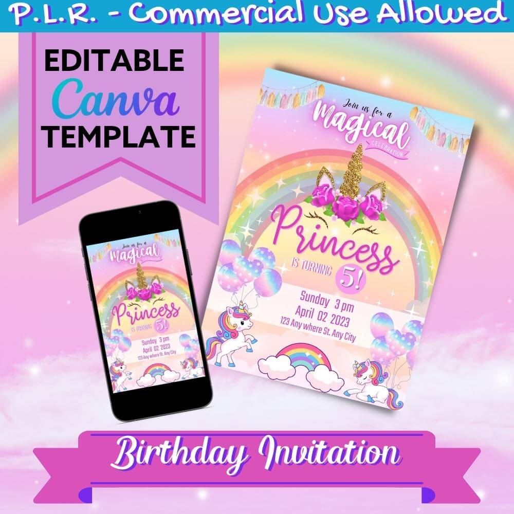 PLR Unicorn Birthday Invitation