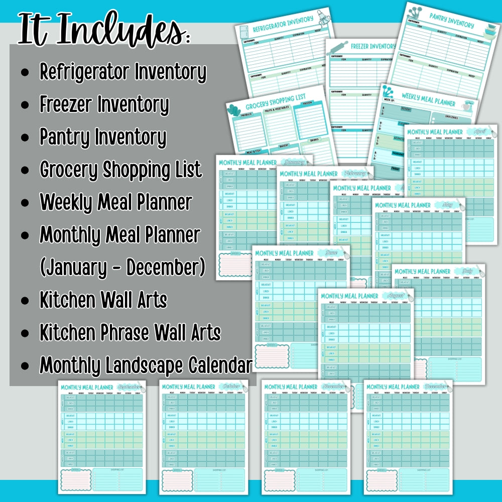 PLR Printable Kitchen Organization Pages Black/Turquoise