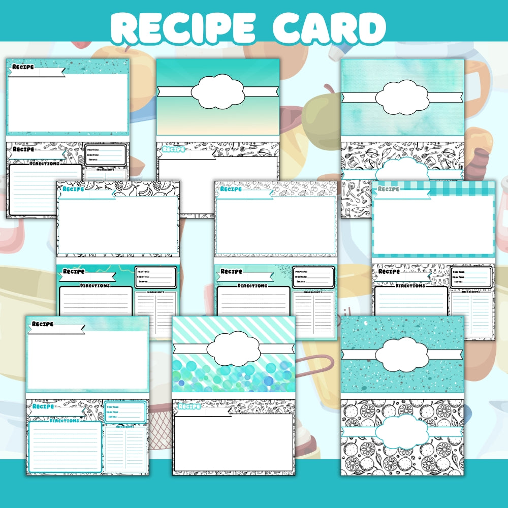 PLR Printable Recipe Cards Black/Turquoise