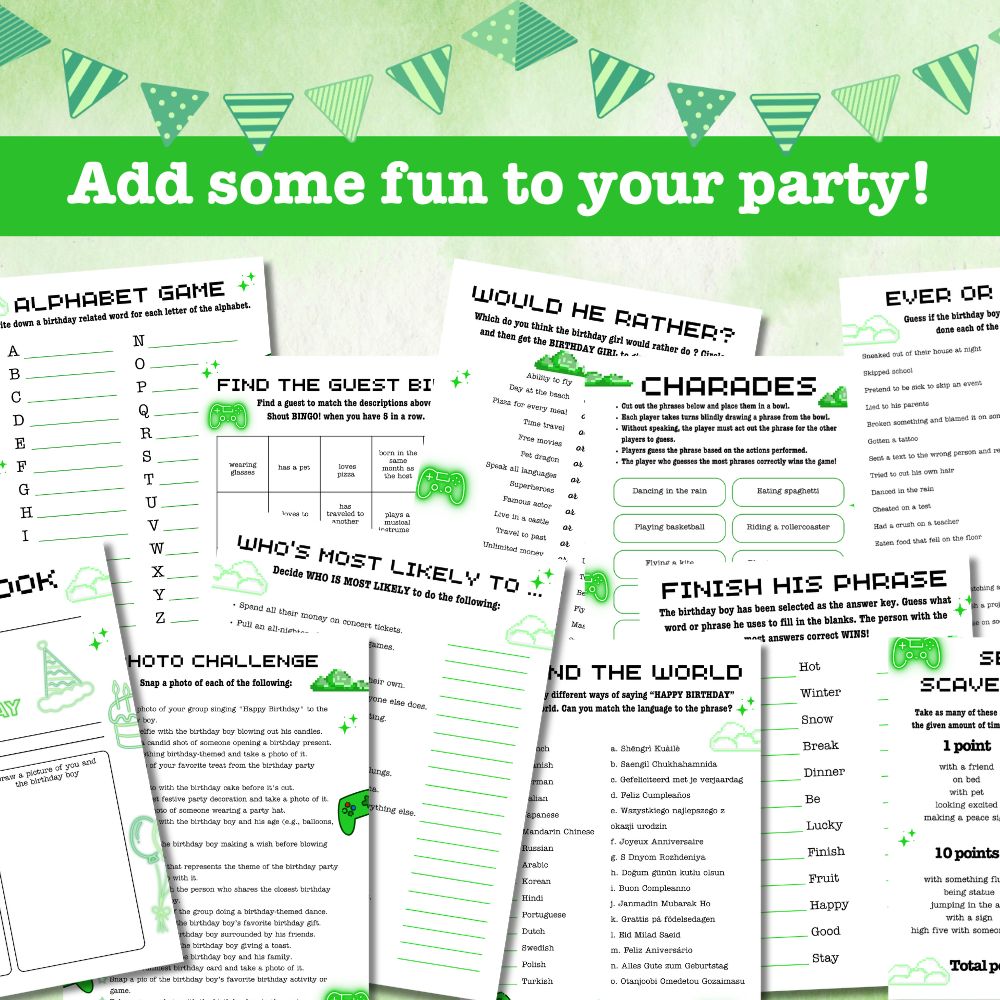 PLR Green Teen Birthday Party Game Bundle