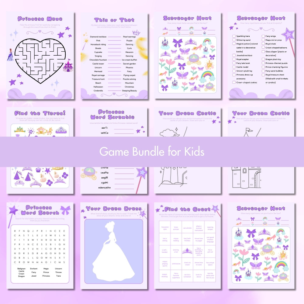 PLR Purple Princess Birthday Party Game Bundle