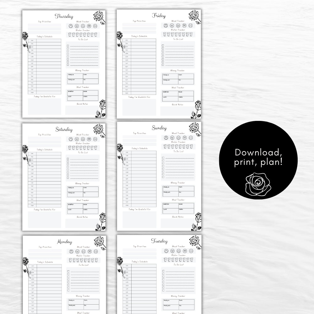 PLR Black and White 7 Day Planner Pack