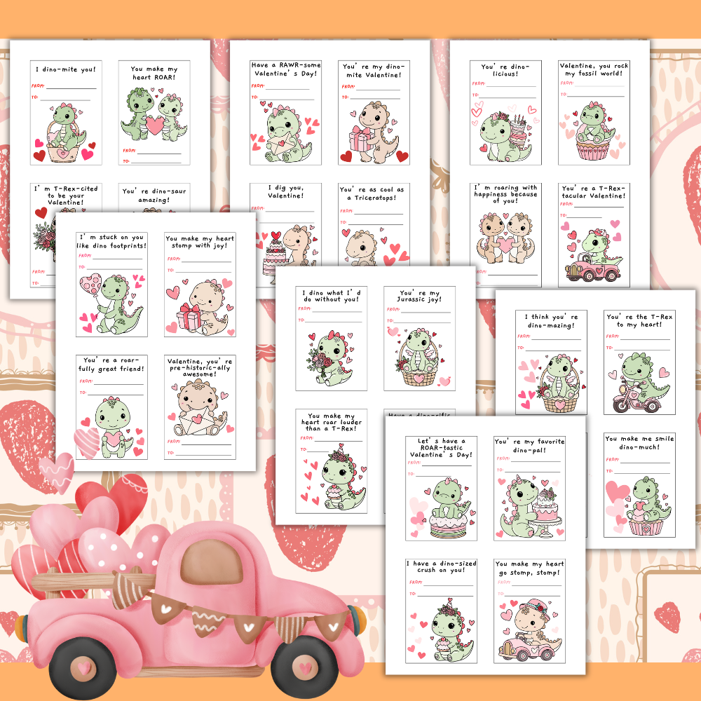 PLR Printable Dinosaur Valentine Card Set