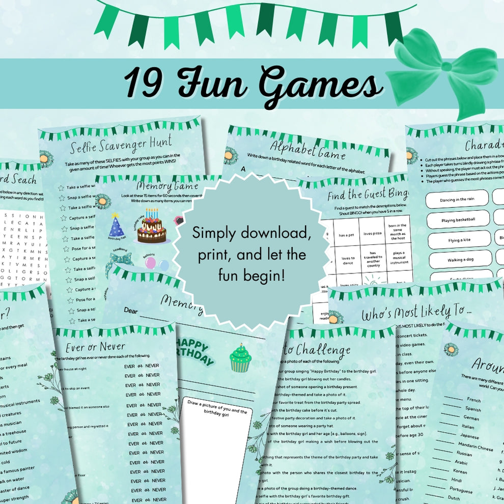 PLR Green Teen Birthday Party Game Bundle (Copy) – plr-printables-store