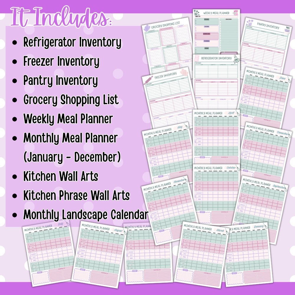 PLR Printable Kitchen Organization Pages Purple/Green