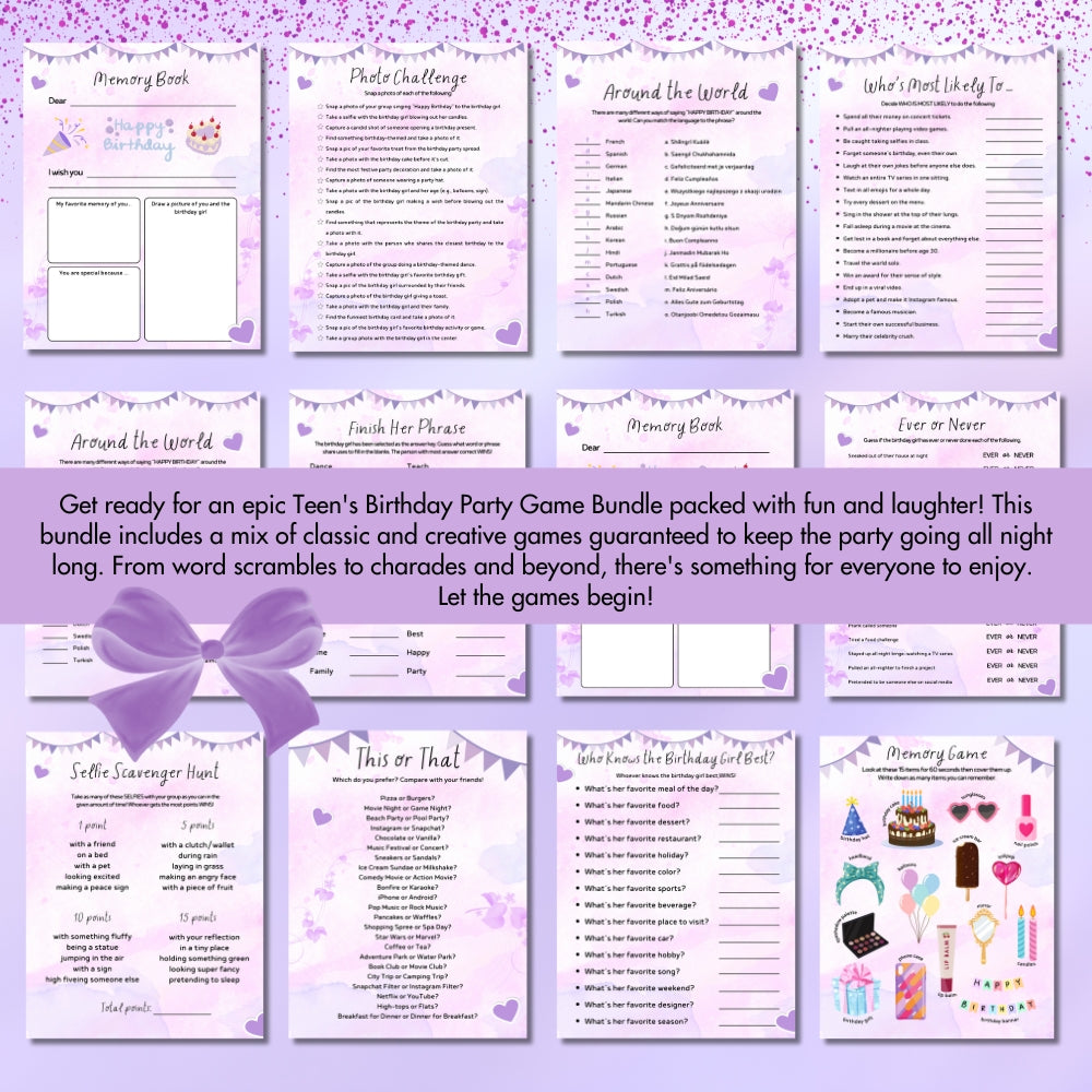 PLR Purple Teen Birthday Party Game Bundle