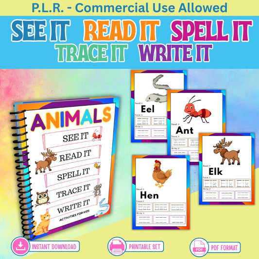 PLR Printable Animal See It Read It Trace It Write It