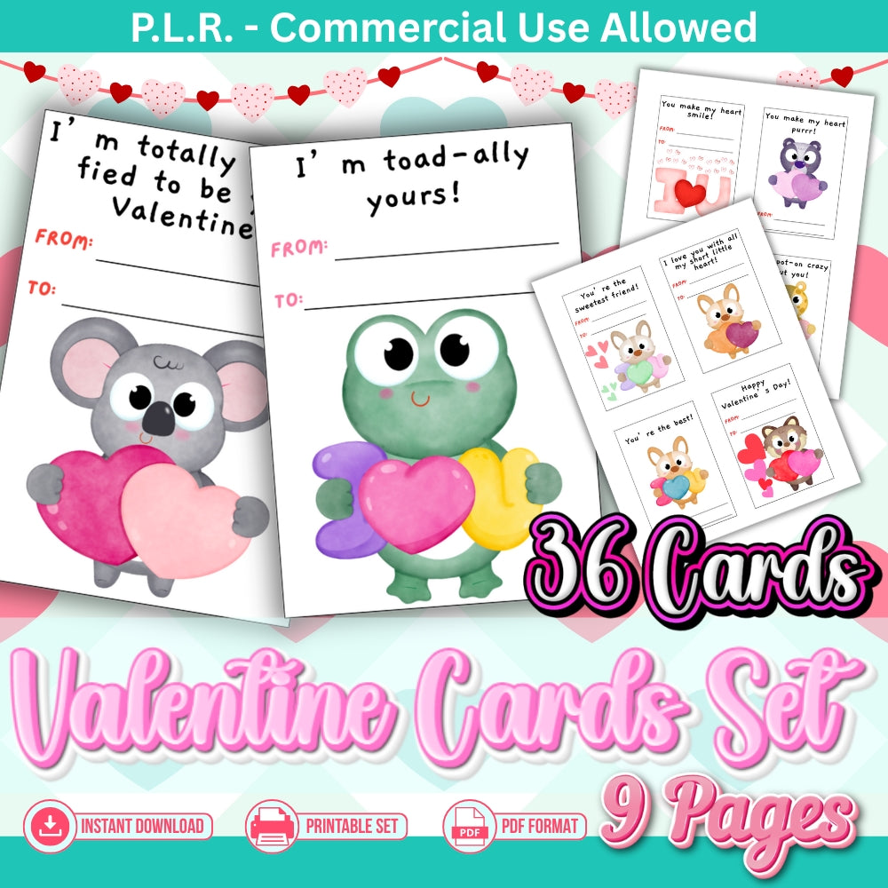 PLR Printable Animal Valentine Card Set