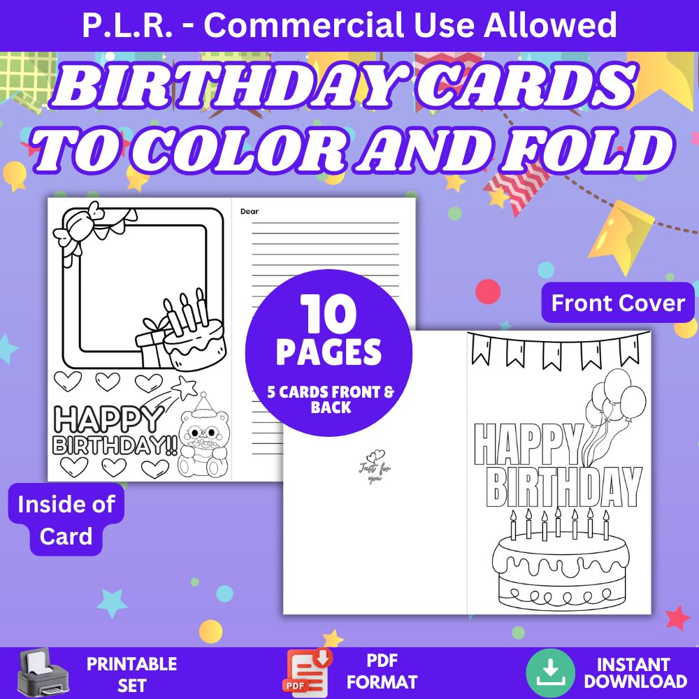 PLR Birthday Cards to Color and Fold