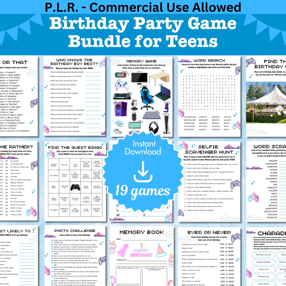 PLR Blue Teen Birthday Party Game Bundle