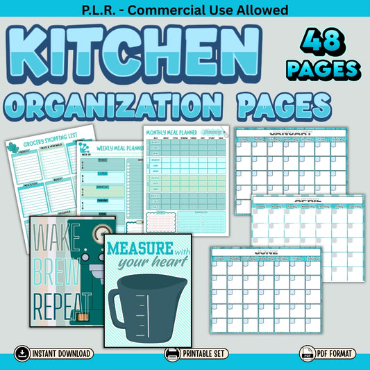 PLR Printable Kitchen Organization Pages Black/Turquoise