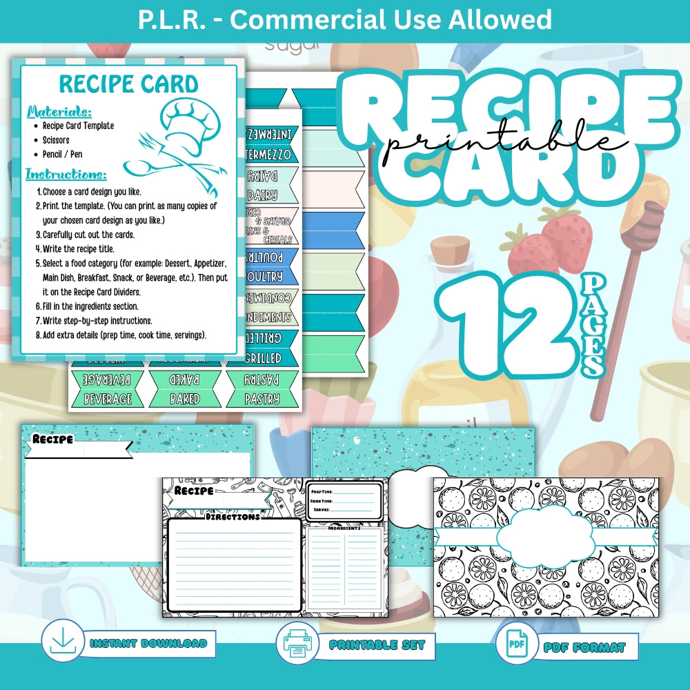 PLR Printable Recipe Cards Black/Turquoise