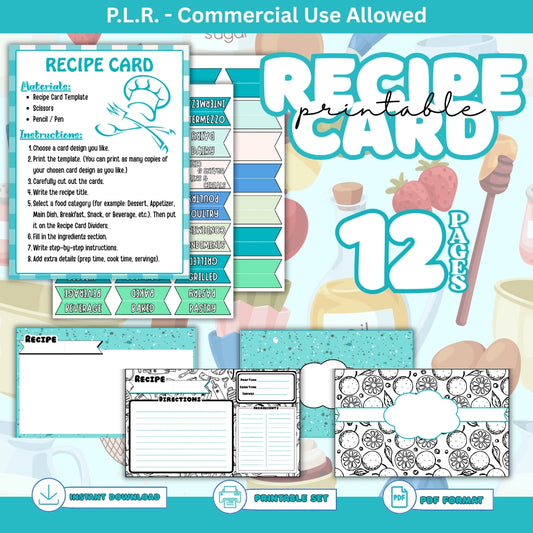 PLR Printable Recipe Cards Black/Turquoise