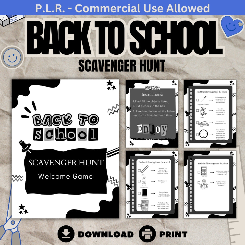 PLR Black & White Back to School Scavenger Hunt