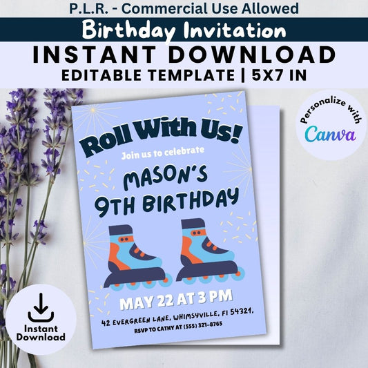 PLR Blue Roller Skating Birthday Invitation