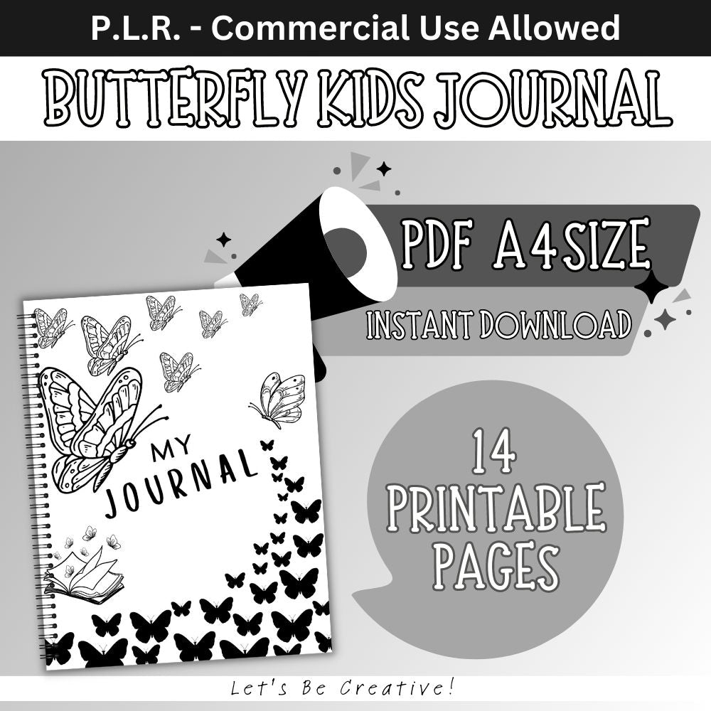 PLR Black and White Kids Butterfly Journal