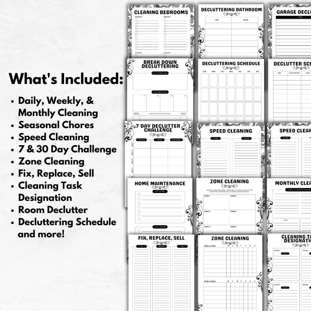PLR Black & White Cleaning and Decluttering Planner
