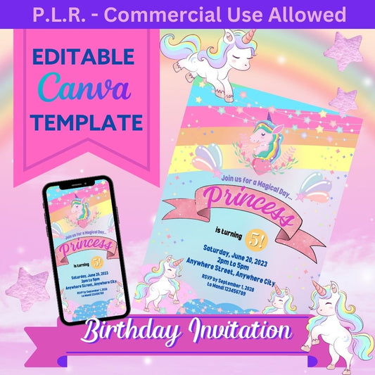 PLR Colorful Unicorn Birthday Invitation