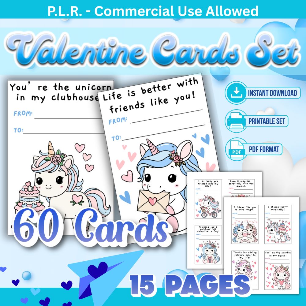 PLR Printable Cute Unicorn Valentine Card Set