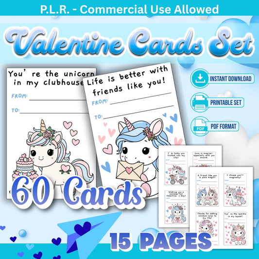 PLR Printable Cute Unicorn Valentine Card Set