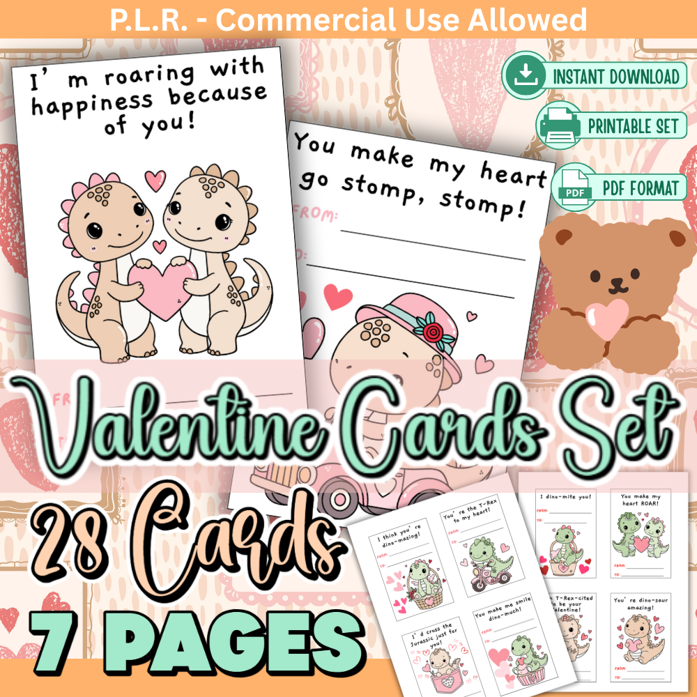 PLR Printable Dinosaur Valentine Card Set