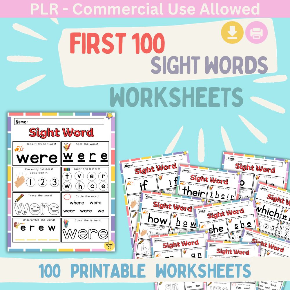 PLR First 100 Sight Words Worksheets