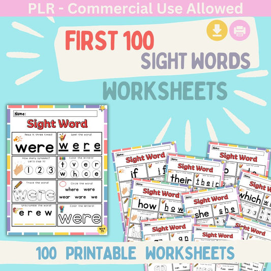 PLR First 100 Sight Words Worksheets