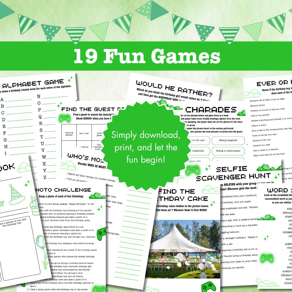 PLR Green Teen Birthday Party Game Bundle